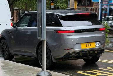 UK Number Plate 2 EX on a 2023 Grey Land Rover R-Rover Sport Dyn Se D Mhev A