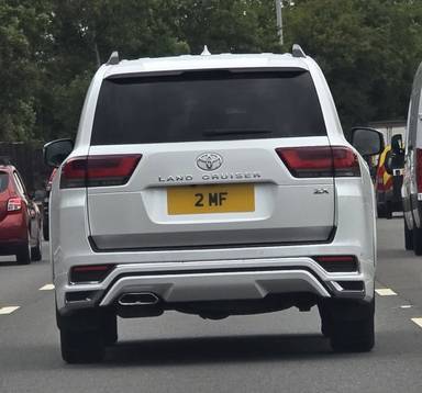 UK Number Plate 2 MF on a 2024 White Toyota Land Cruiser