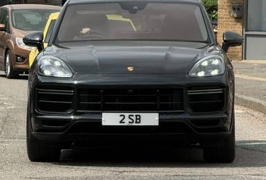 UK Number Plate 2 SB on a 2023 Black Porsche Cayenne Turbo Gt Auto