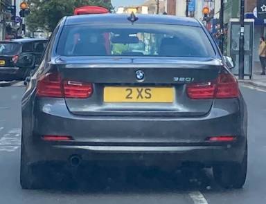 UK Number Plate 2 XS on a 2013 Grey BMW 3 Series