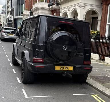 UK Number Plate 20 RA on a 2020 Black Mercedes-Benz G