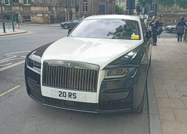 UK Number Plate 20 RS on a 2023 Black Rolls Royce Ghost V12 Black Badge 4x4 Auto
