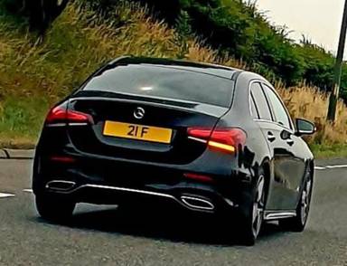 UK Number Plate 21 F on a 2019 Black Mercedes-Benz A