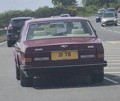 UK Number Plate 21 TB on a 1991 RED Bentley Turbo