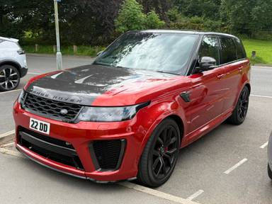 UK Number Plate 22 DD on a 2021 RED Land Rover Range Rover Sprt Svr Crbn Ed A