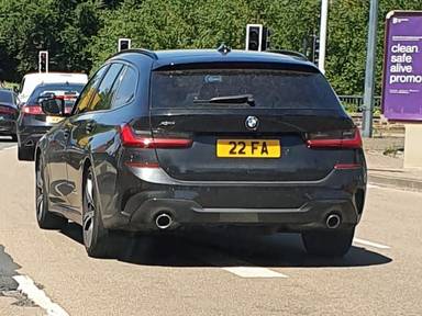UK Number Plate 22 FA on a 2020 Black BMW 3 Series