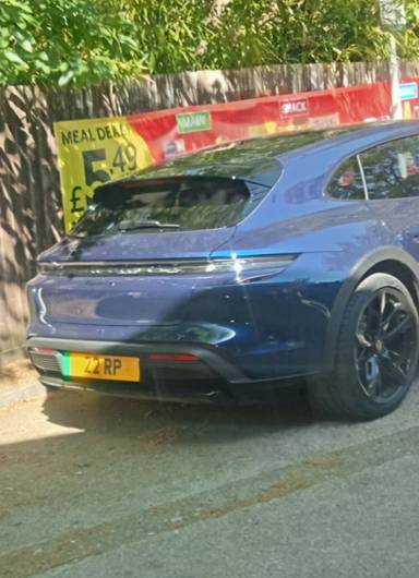 UK Number Plate 22 RP on a 2022 Blue Porsche Taycan 4 Cross Turismo