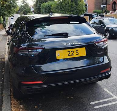 UK Number Plate 22 S on a 2021 Black Maserati Levante V8 Trofeo Auto