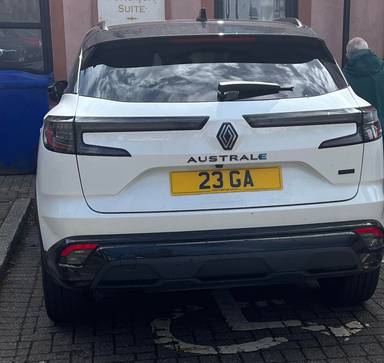 UK Number Plate 23 GA on a 2023 White Renault Austral Tcno Esprt Alpne Hev A