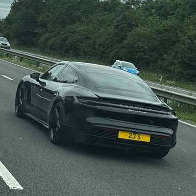 UK Number Plate 23 S on a 2021 Black Porsche Taycan Turbo