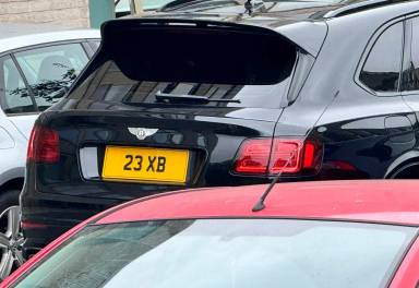 UK Number Plate 23 XB on a 2019 Black Bentley Bentayga Speed Auto