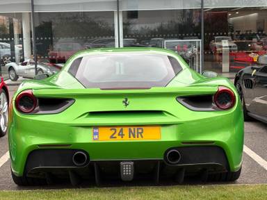 UK Number Plate 24 NR on a 2018 Green Ferrari 488