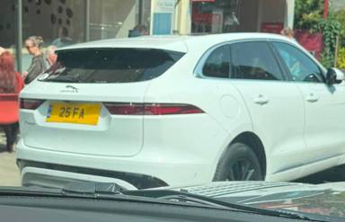UK Number Plate 25 FA on a 2021 White Jaguar F-Pace R-Dynam Se D Mhev Awd A
