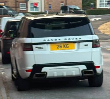 UK Number Plate 26 KG on a 2019 White Land Rover Range Rover Sport