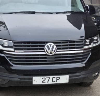 UK Number Plate 27 CP on a 2021 Black Volkswagen Transporter T32 H-Ln Tdi 4m Sa