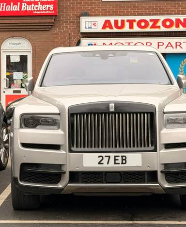 UK Number Plate 27 EB on a 2018 Silver Rolls Royce Cullinan V12 Auto