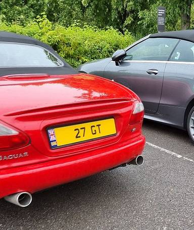 UK Number Plate 27 GT on a 1998 RED Jaguar XKR