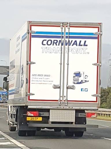 UK Number Plate 29 EP on a 2016 White Scania P280