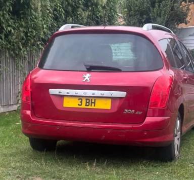 UK Number Plate 3 BH on a 2010 RED Peugeot