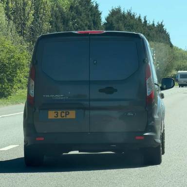 UK Number Plate 3 CP on a 2018 Grey Ford Transit Connect