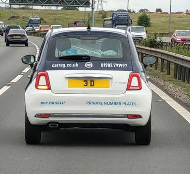 UK Number Plate 3 D on a 2022 White Fiat 500 Dolcevita Mhev
