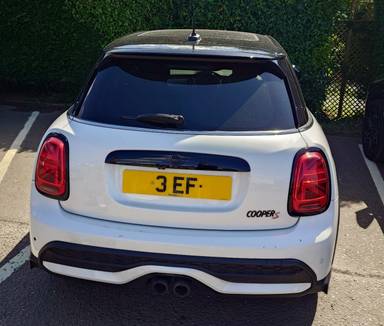 UK Number Plate 3 EF on a 2023 White Mini Cooper S