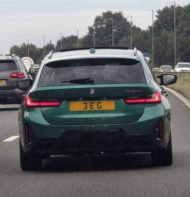 UK Number Plate 3 EG on a 2024 Green BMW M340d Xdrive Mhev Auto