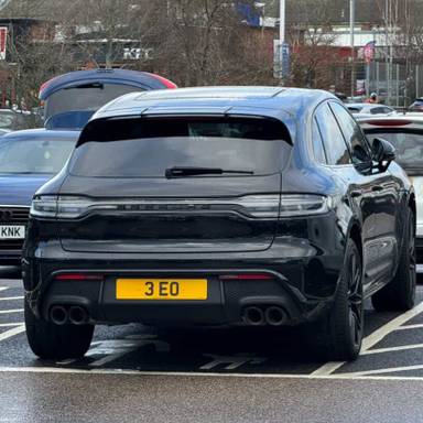 UK Number Plate 3 EO on a 2024 Black Porsche Macan