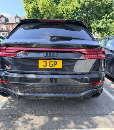 UK Number Plate 3 GP on a 2023 Black Audi Rs Q8 Vsprung Tfsi Mhev Quat A
