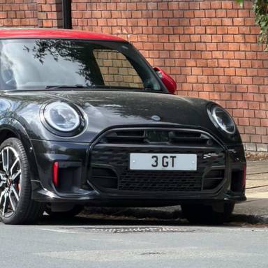 UK Number Plate 3 GT on a 2024 Black Mini John Cooper Works Auto