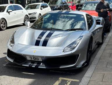 UK Number Plate 3 OU on a 2019 Silver Ferrari 488 Pista S-A