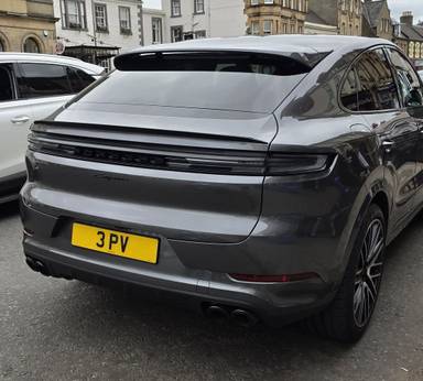 UK Number Plate 3 PV on a 2026 Grey Porsche Cayenne