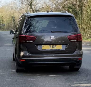 UK Number Plate 3 RE on a 2018 Brown Seat Alhambra