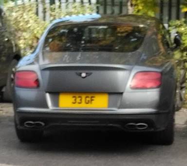 UK Number Plate 33 GF on a 2016 Grey Bentley Continental