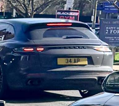 UK Number Plate 34 AP on a 2023 Blue Porsche Panamera 4ehyb Sp Tr Plt Ed Sa