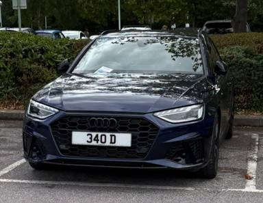 UK Number Plate 340 D on a 2024 Blue Audi A4 S Ln Blk Ed 35 Tfsi Mhev Sa