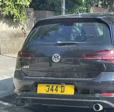 UK Number Plate 344 D on a 2017 Black Volkswagen Golf