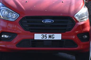 UK Number Plate 35 MG on a 2020 RED Ford Transit Custom 320 Sport Eblue