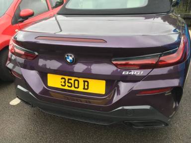 UK Number Plate 350 D on a 2023 Purple BMW 840i M Sport Auto