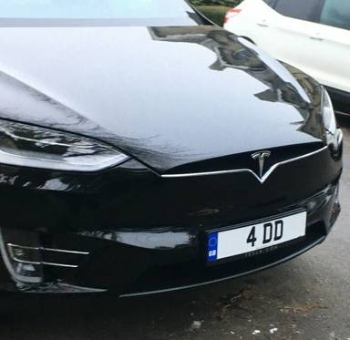 UK Number Plate 4 DD on a 2019 Black Tesla Model X Long Range Awd