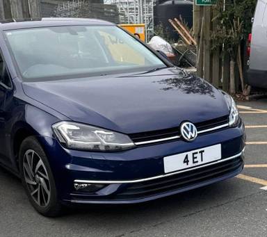UK Number Plate 4 ET on a 2020 Blue Volkswagen Golf Match Edition Tdi S-A