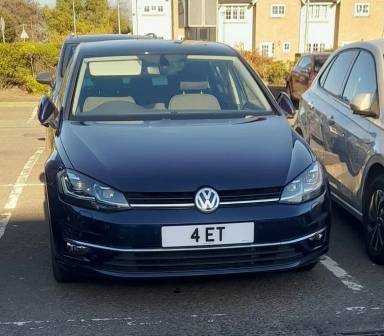 UK Number Plate 4 ET on a 2020 Blue Volkswagen Golf Match Edition Tdi S-A