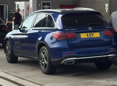 UK Number Plate 4 EY on a 2021 Blue Mercedes-Benz GLC
