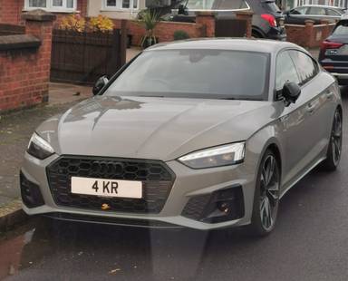 UK Number Plate 4 KR on a 2022 Grey Audi A5 S Ln Blck Ed 35 Tdi Mhev Sa