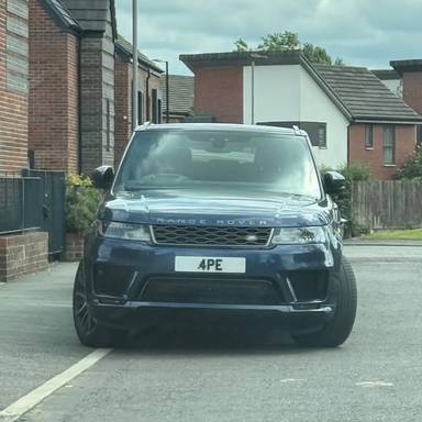 UK Number Plate 4 PE on a 2018 Blue Land Rover Range Rover Sport