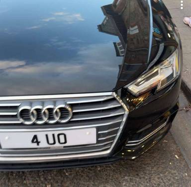 UK Number Plate 4 UO on a 2017 Black Audi A4