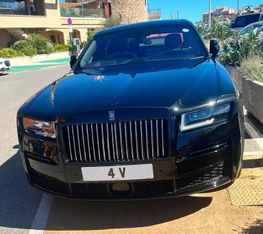 UK Number Plate 4 V on a 2024 Black Rolls Royce Ghost V12 Black Badge 4x4 Auto