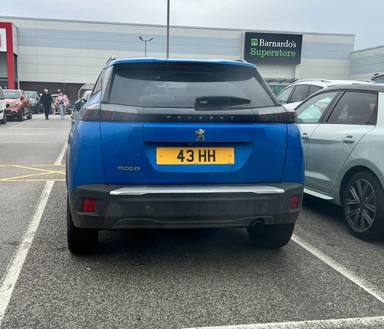UK Number Plate 43 HH on a 2021 Blue Peugeot 2008 Allure Puretech S/S