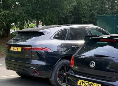 UK Number Plate 43 LA on a 2022 Black Jaguar F-Pace Rdynam Blk D Mhev Awd A