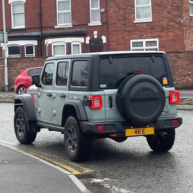 UK Number Plate 46 E on a 2023 Grey Jeep Wrangler
